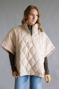 Quilted Puffer Poncho Quarter Zip for Women in Beige