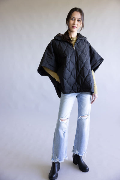Quilted Puffer Poncho Quarter Zip for Women in Black