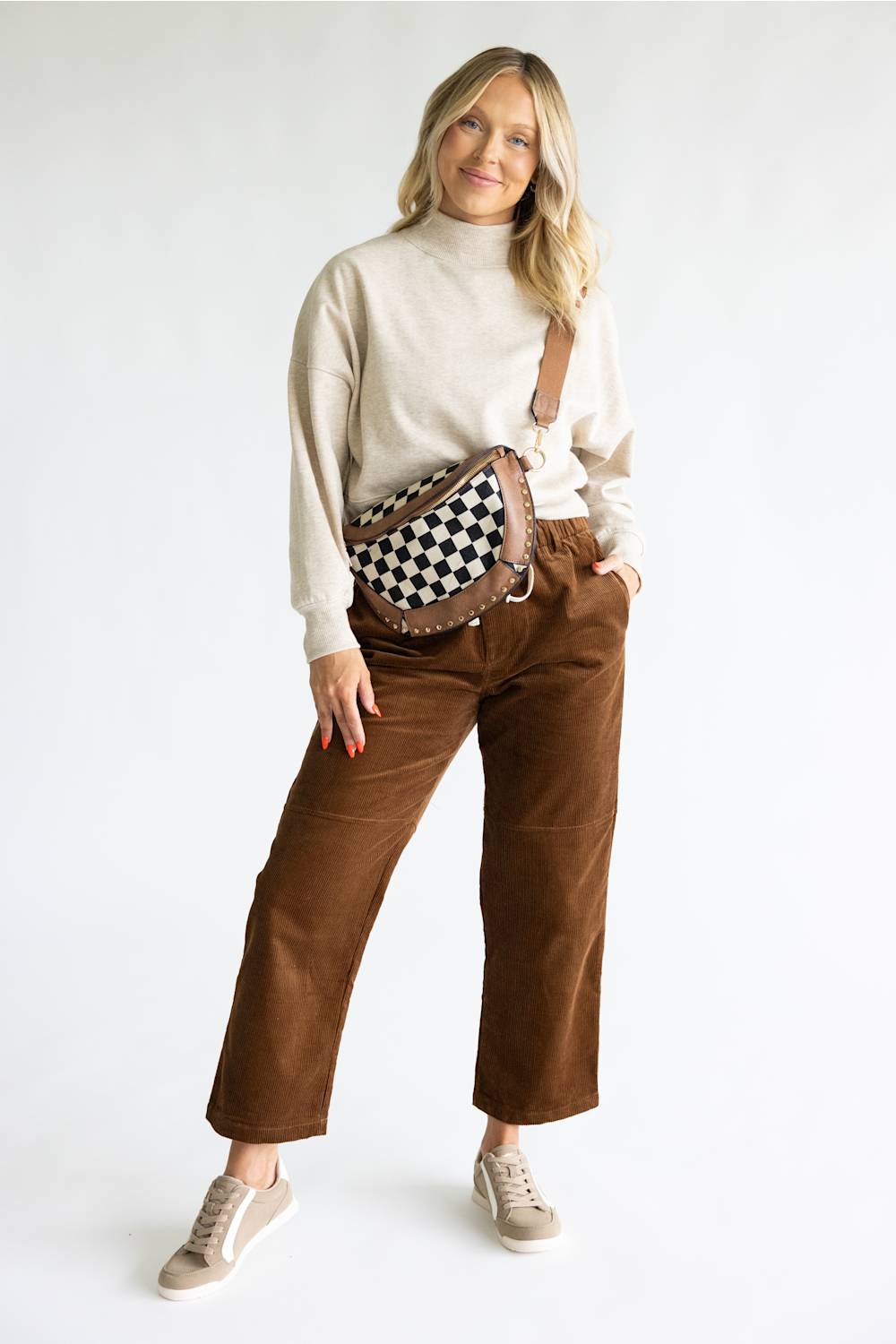 KW Fashion Checkered Crossbody Bag for Women in Brown