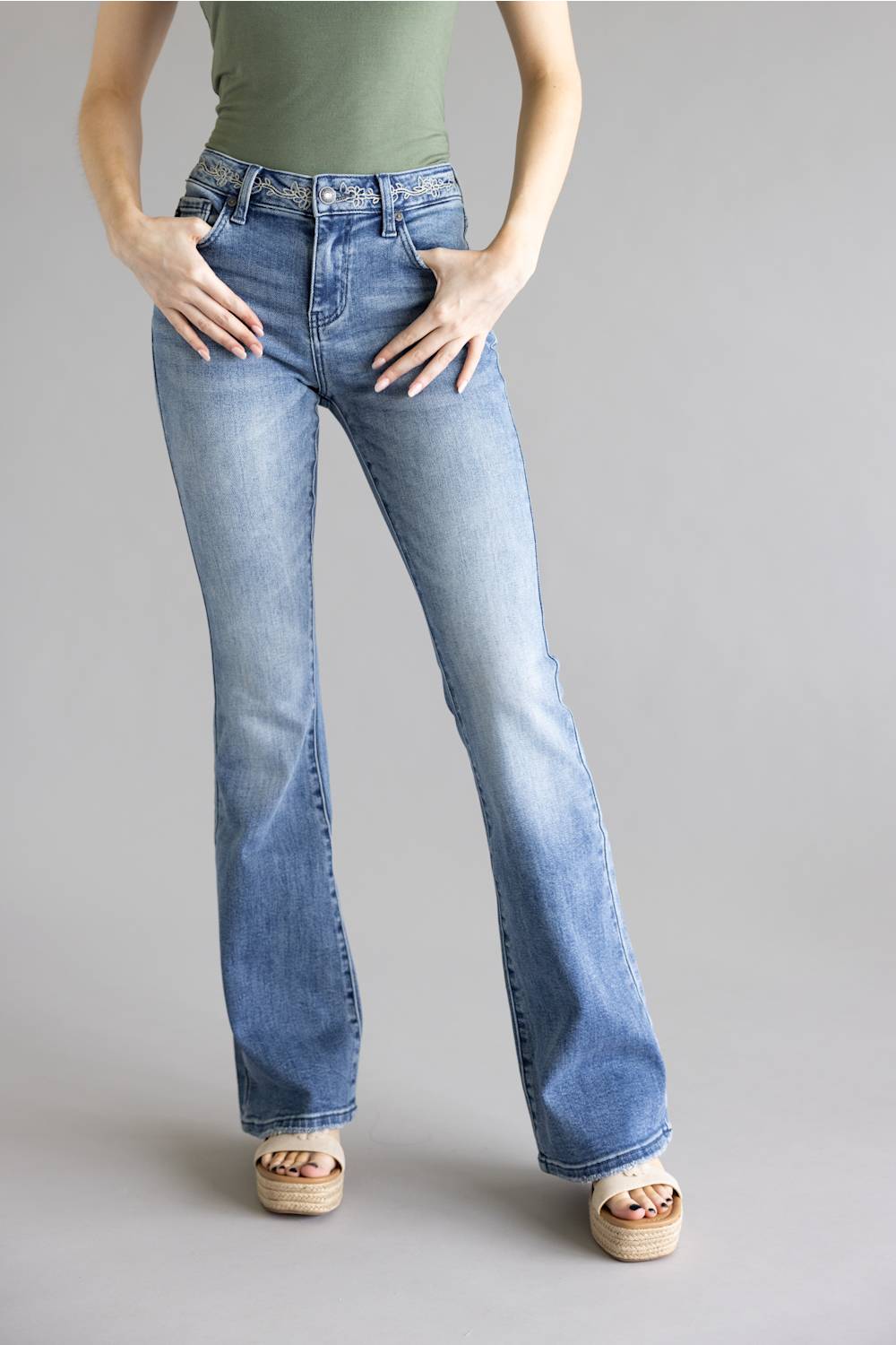 KanCan Embroidered Mid Rise Flare Jeans for Women