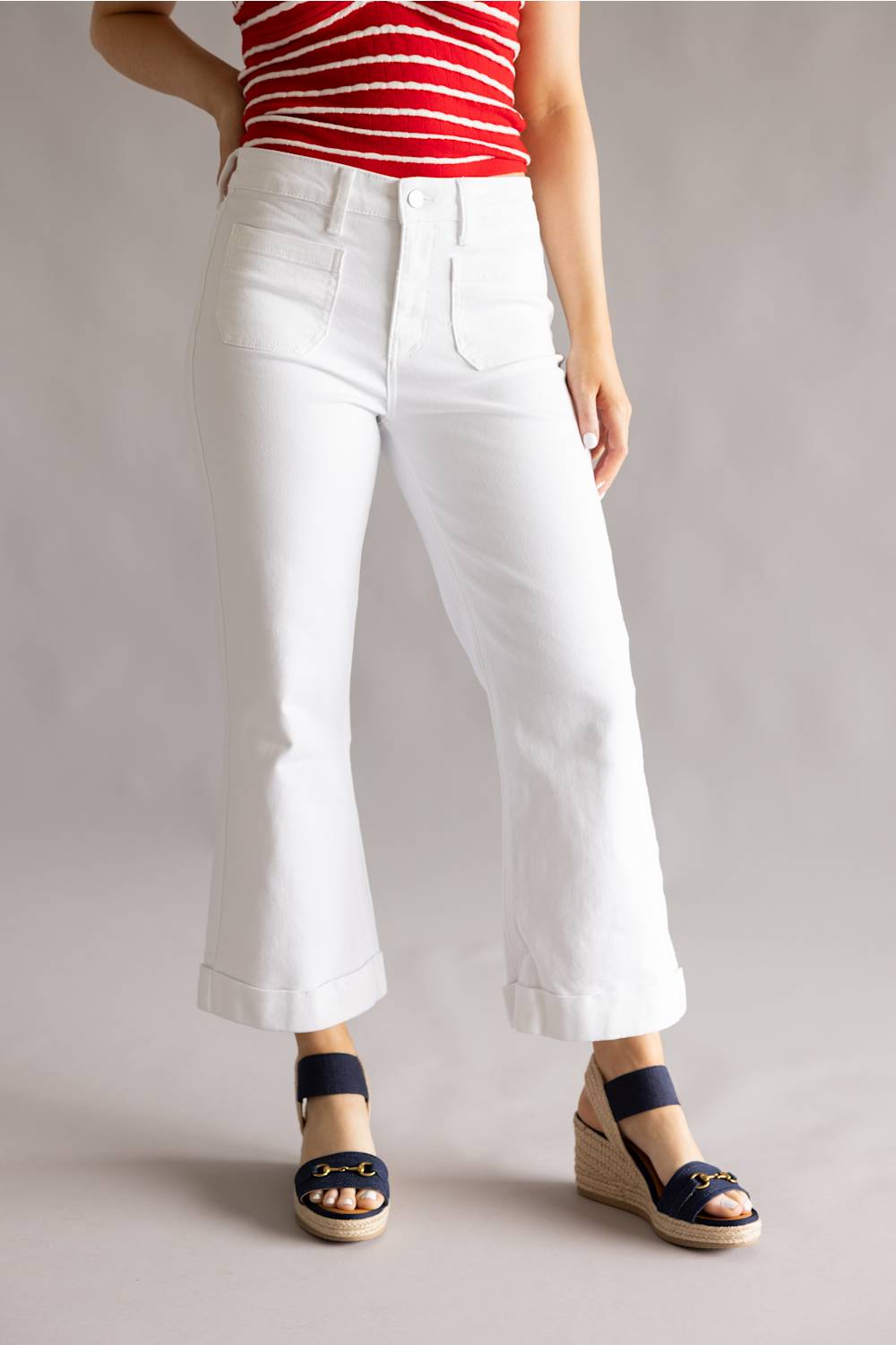 パンツ White flare denim pants swag flex Yoko KanCan High Rise Cropped Flare Jeans for Women in White