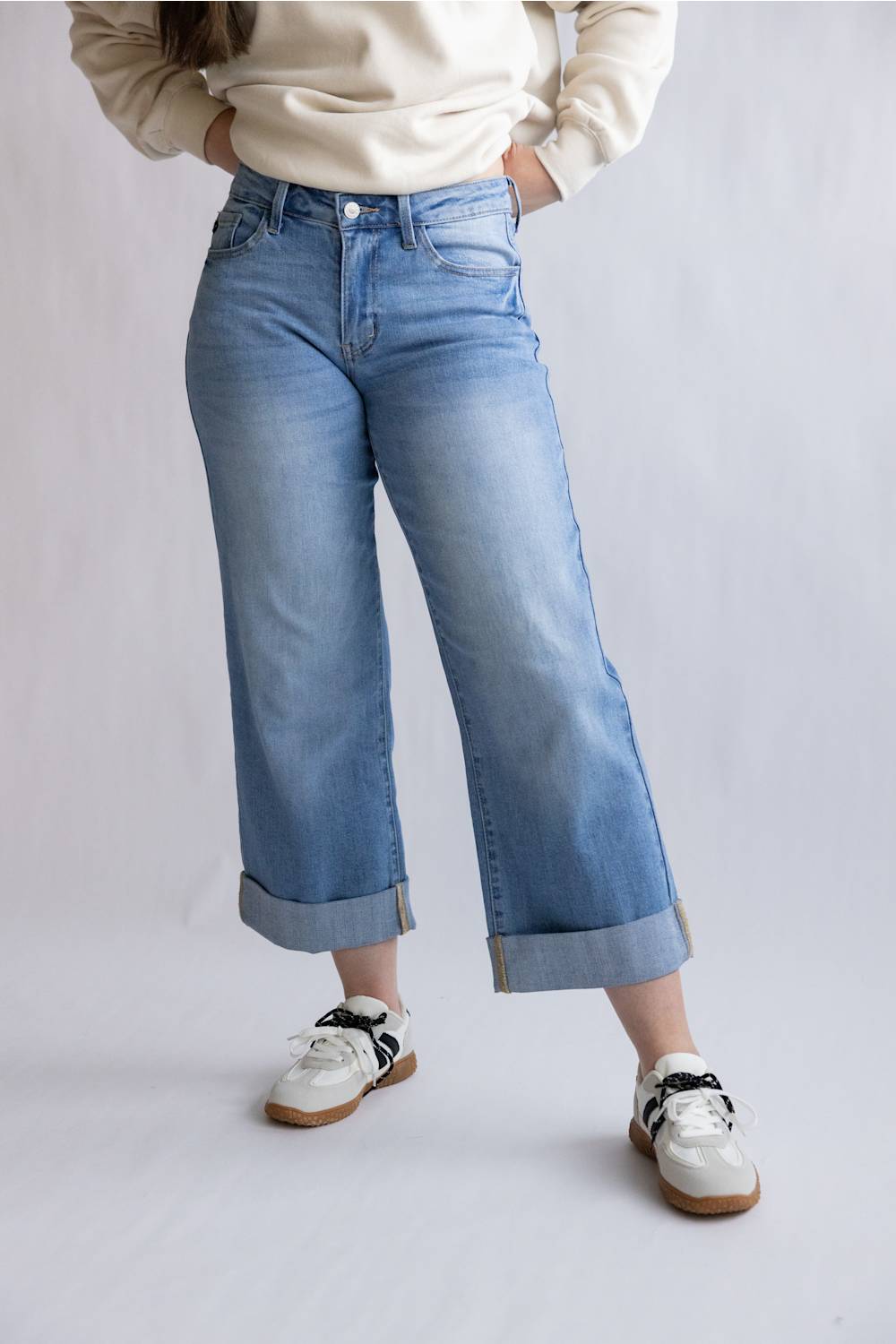 KanCan Mid Rise Crop Wide Cuffed Leg Jeans for Women