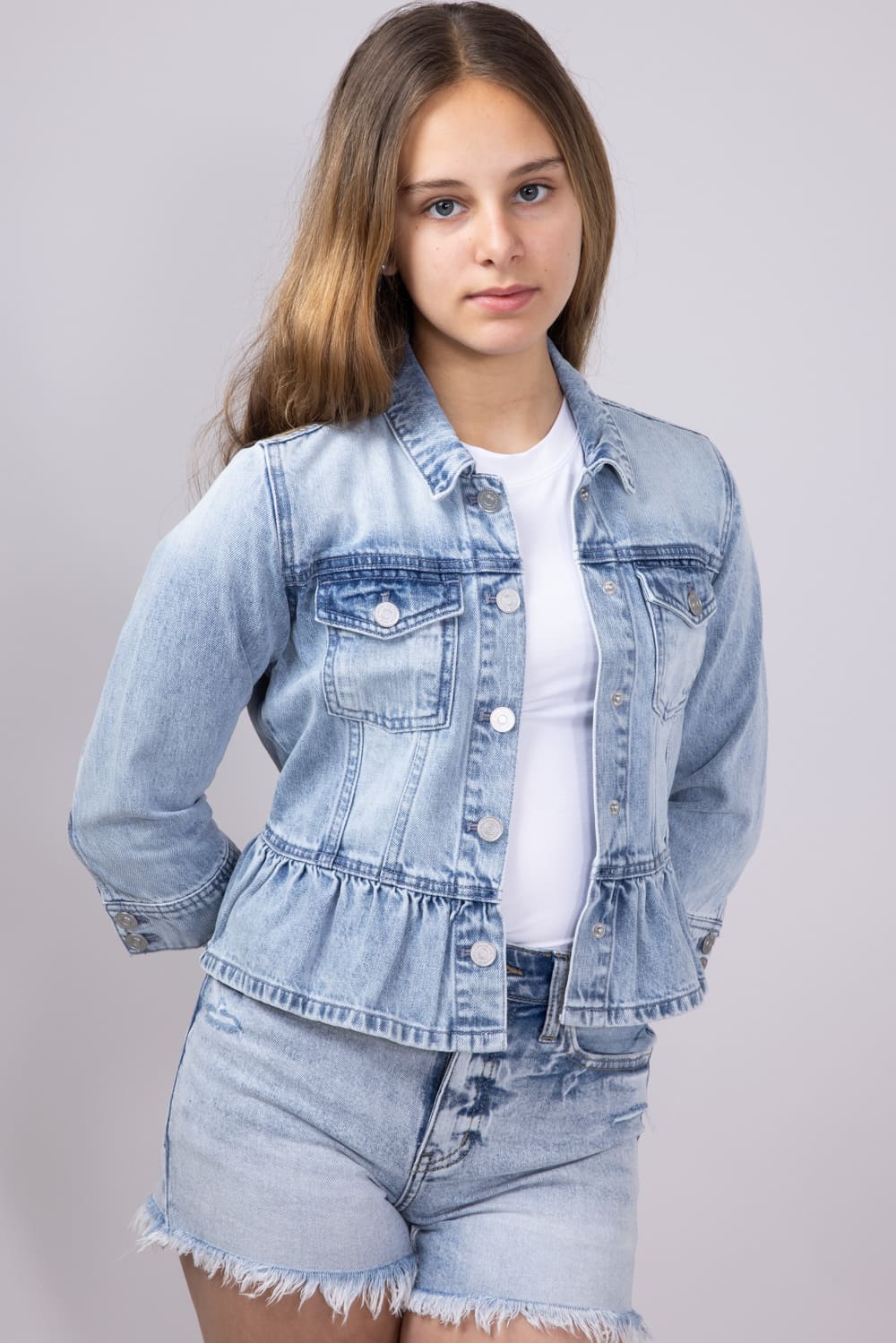 KanCan Youth Peplum Ruffle Denim Jacket for Girls in Light Wash