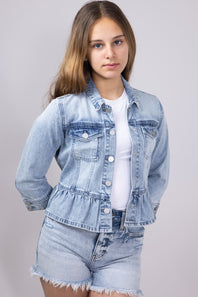KanCan Youth Peplum Ruffle Denim Jacket for Girls in Light Wash