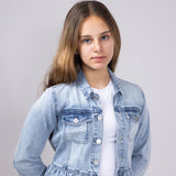 KanCan Youth Peplum Ruffle Denim Jacket for Girls in Light Wash