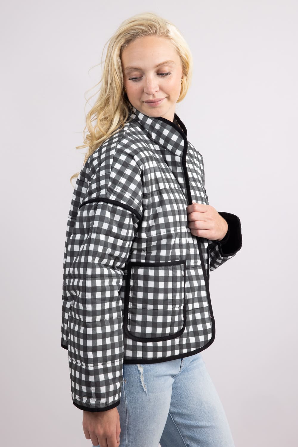Gingham Quilted Jacket for Women in Black | KDC-JKT-21-BLK – Glik's