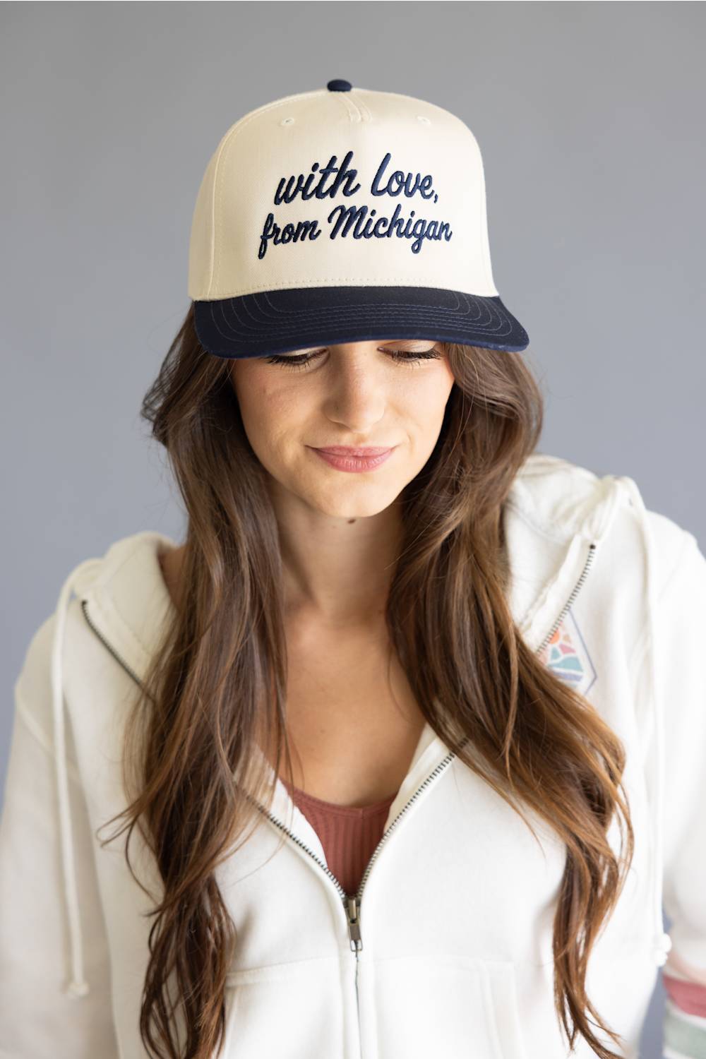 Katydid Love Michigan Trucker Hat for Women in Navy/Tan