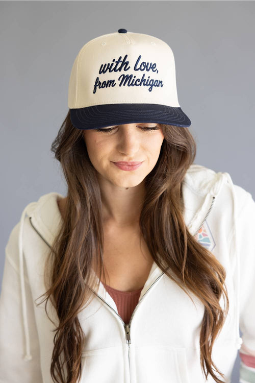 Katydid Love Michigan Trucker Hat for Women in Navy/Tan