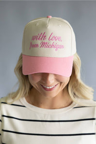 Katydid Love Michigan Trucker Hat for Women in Pink/Tan