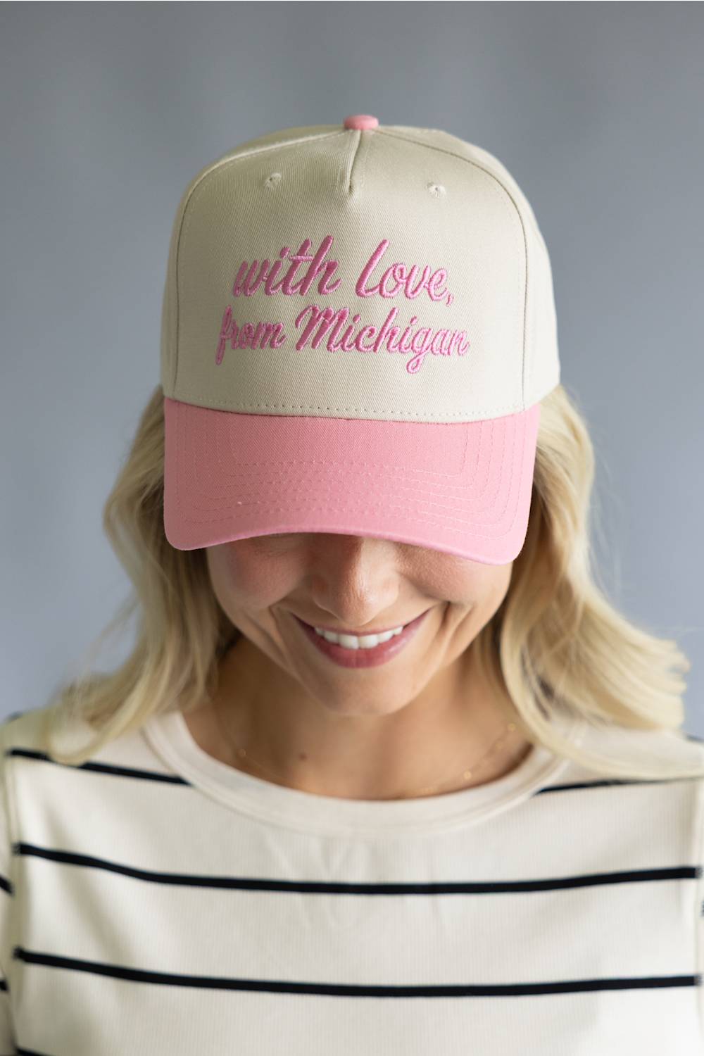 Katydid Love Michigan Trucker Hat for Women in Pink/Tan