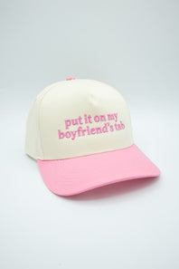 Put It On My Boyfriend’s Tab Trucker Hat for Women in Pink/Tan