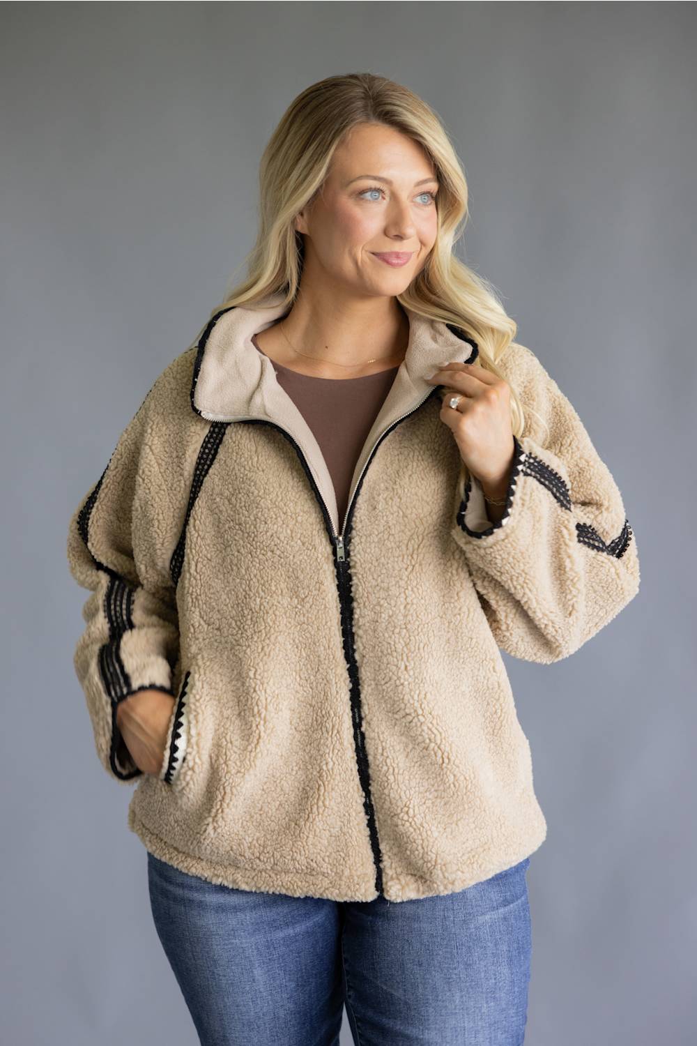 Katydid Sherpa Crochet Jacket for Women in Tan