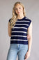 Woman wearing the La Miel Crochet Stripe Top for Women in Galaxy which is a navy blue and white striped sleeveless sweater against a plain background