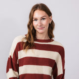 La Miel Striped Waffle Sweater for Women in Red Bean