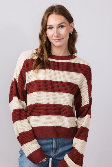 La Miel Striped Waffle Sweater for Women in Red Bean