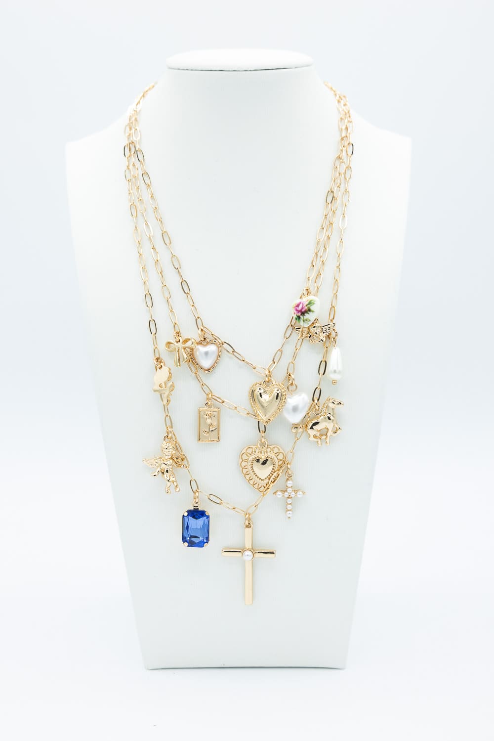 Cross Charm 3 Layer Necklace in Gold