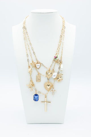 Cross Charm 3 Layer Necklace in Gold