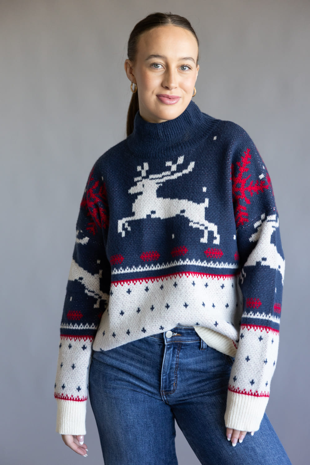 High Neck Fair Isle Sweater for Women in Dusty Blue