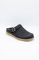 A single black leather clog shoe with a silver buckle strap and a tan sole, photographed on a clean white background.