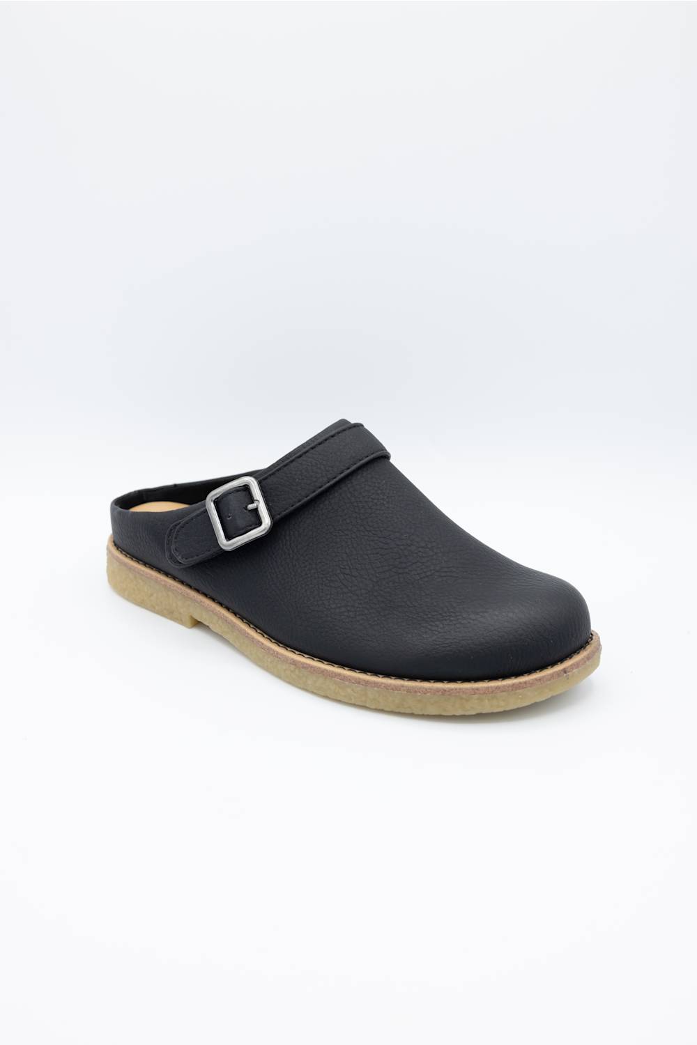 A single black leather clog shoe with a silver buckle strap and a tan sole, photographed on a clean white background.