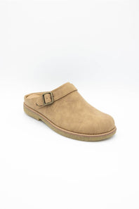 A single tan suede clog shoe with a single strap and a metal buckle, shown from a three-quarters angle on a white background.