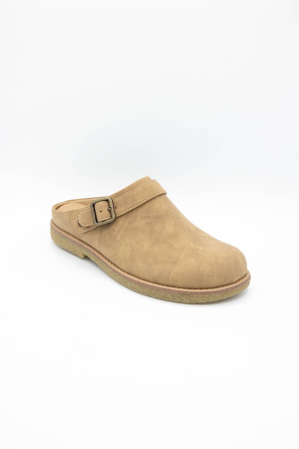 A single tan suede clog shoe with a single strap and a metal buckle, shown from a three-quarters angle on a white background.