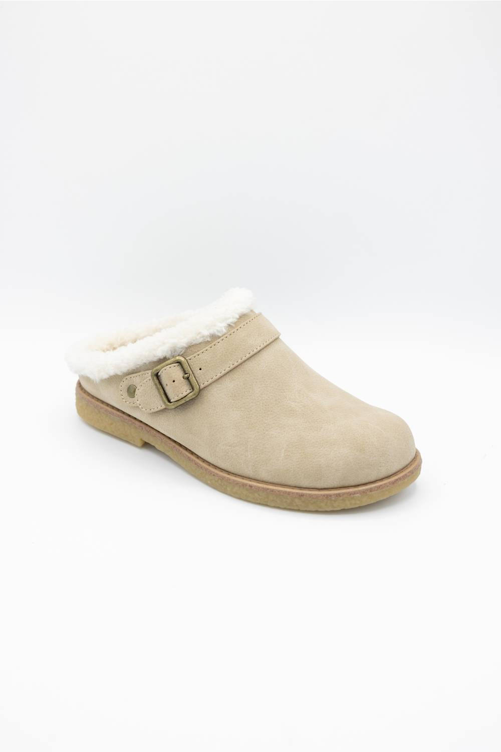 A single beige suede clog-style with a white faux-fur trim and a tan sole, shown on a plain white background.