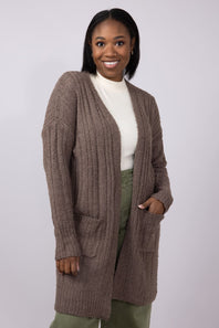Ribbed Cardigan with Pockets for Women in Heather Mocha Bisque