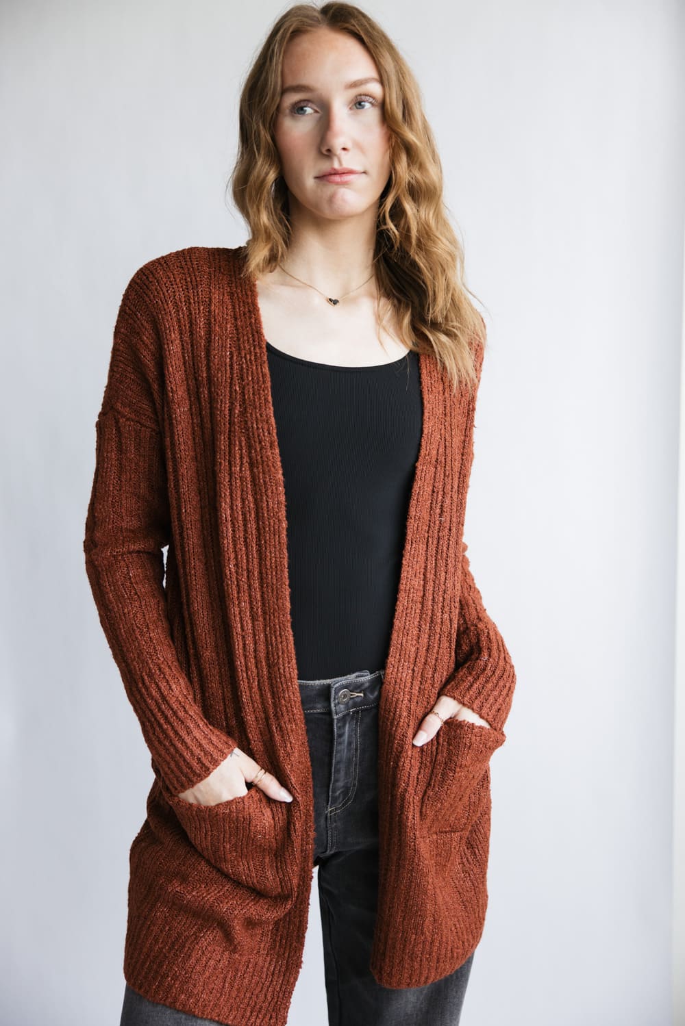Ribbed Cardigan with Pockets for Women in Terracotta