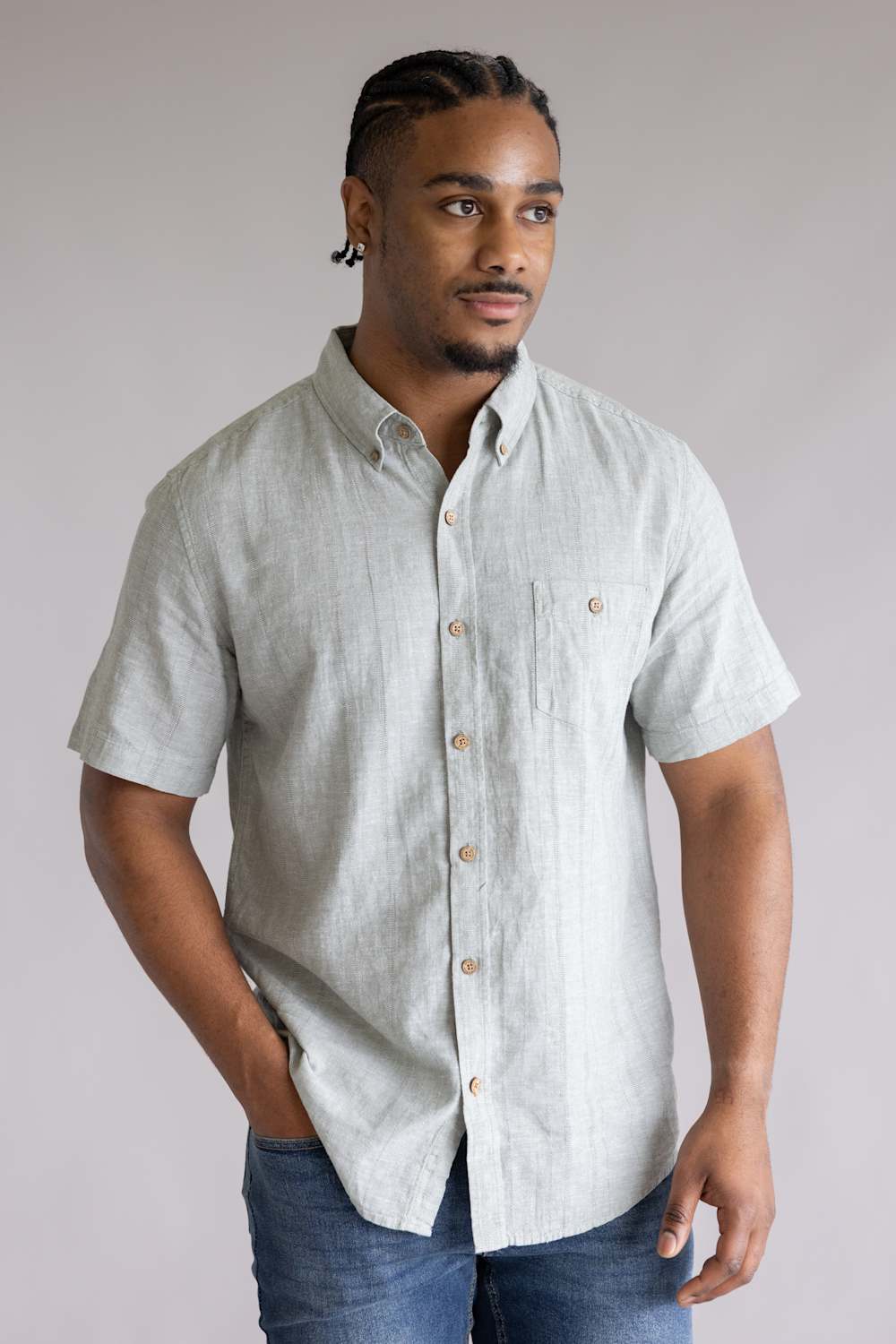 Weatherproof Vintage Cotton Linen Stripe Button Up Shirt for Men in Seagrass
