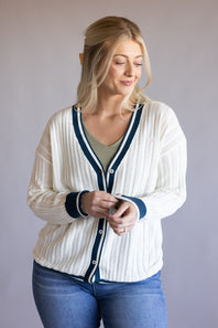 Simply Southern Oversized Long Varsity Cardigan for Women in White/Navy