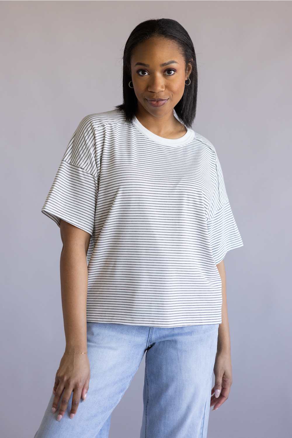 La Miel Basic Striped Drop Shoulder Top hear grey stripe