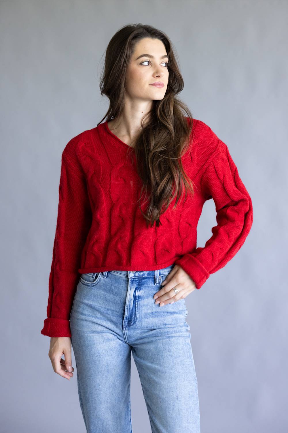 La Miel V-Neck Cable Knit Sweater for Women in Red