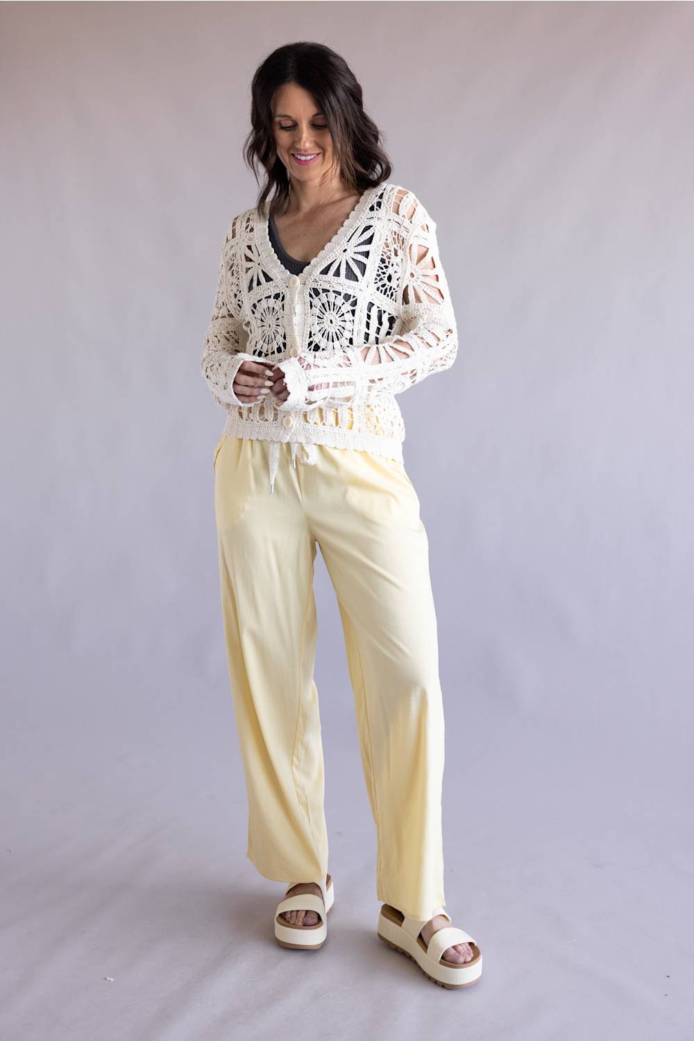 Lace Trim Drawstring Pants for Women in Yellow
