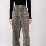 Leopard Animal Print Twill Pants for Women in Charcoal Tan
