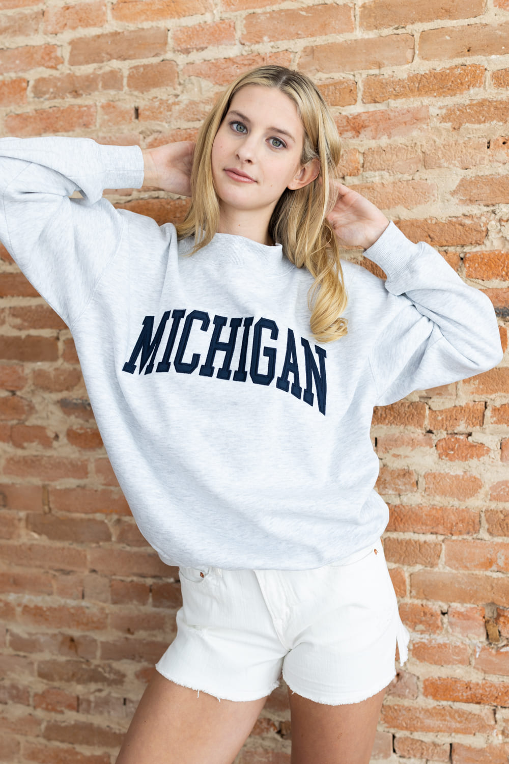 1897 Active Michigan Patch Embroidered Mock Neck Pullover for Women in Ice Grey/Navy