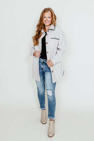 Embroidered Stitch Edge Felt Shacket for Women in Light Oat