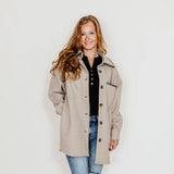 Embroidered Stitch Edge Felt Shacket for Women in Taupe