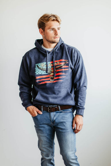 Ariat Logo American Steer Hoodie for Men in Blue Heather 