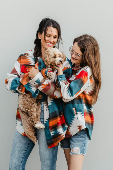 Youth Polar Fleece Shacket for Girls in Red Aztec