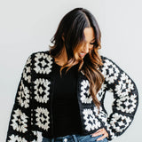 Granny Square Crochet Cropped Cardigan for Women in Black/White