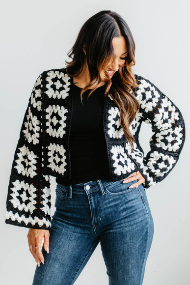 Granny Square Crochet Cropped Cardigan for Women in Black/White