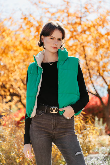 Love Tree Cropped Reversible Puffer Vest for Women in Green/Beige