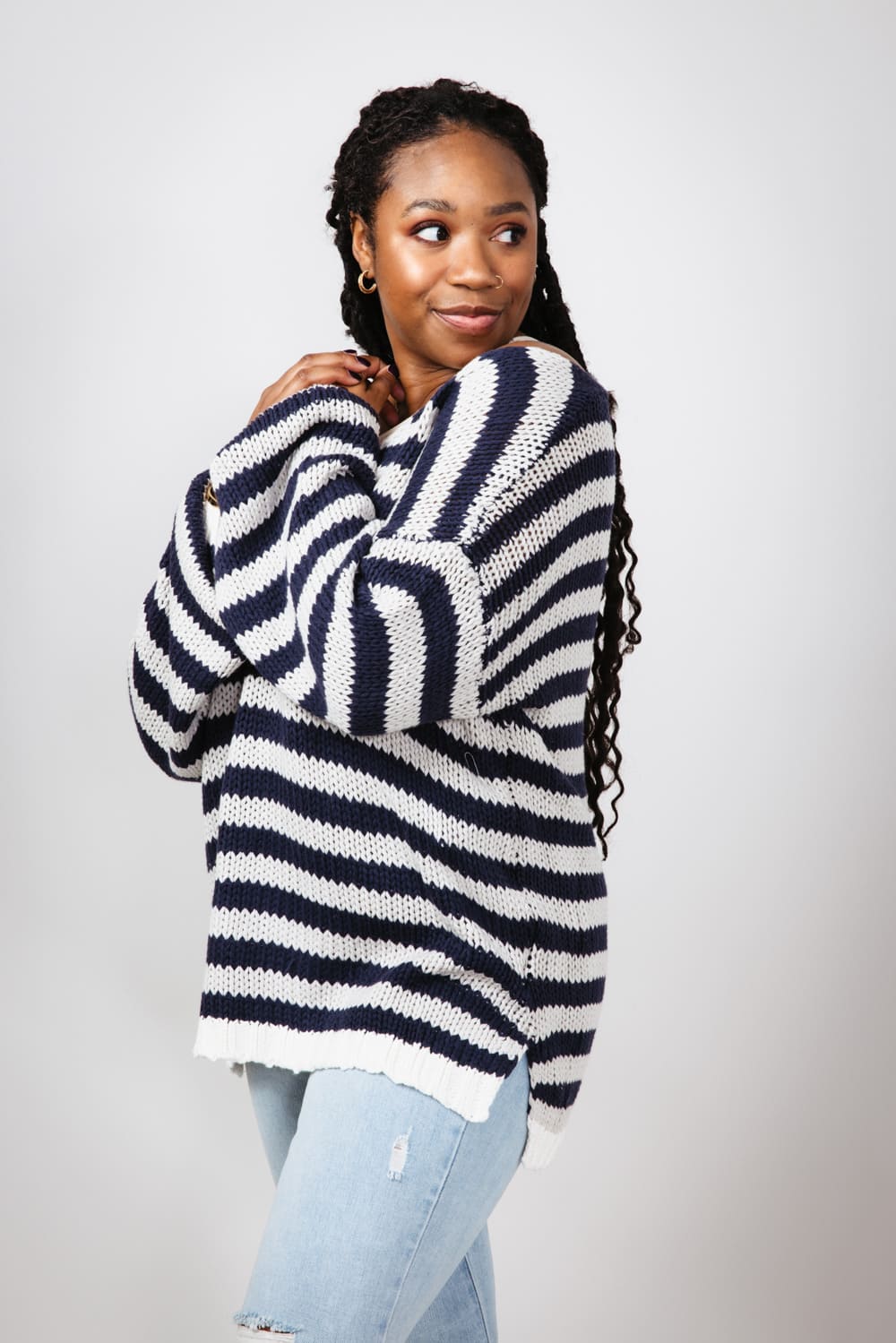 Miracle Striped V Neck Sweater for Women in Denim Combo