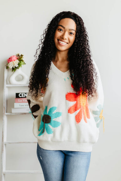 POL V-Neck Multi Flower Sweater for Women in Ivory