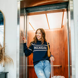 Thread & Supply Michigan Varsity Lettering Sweater for Women in Navy