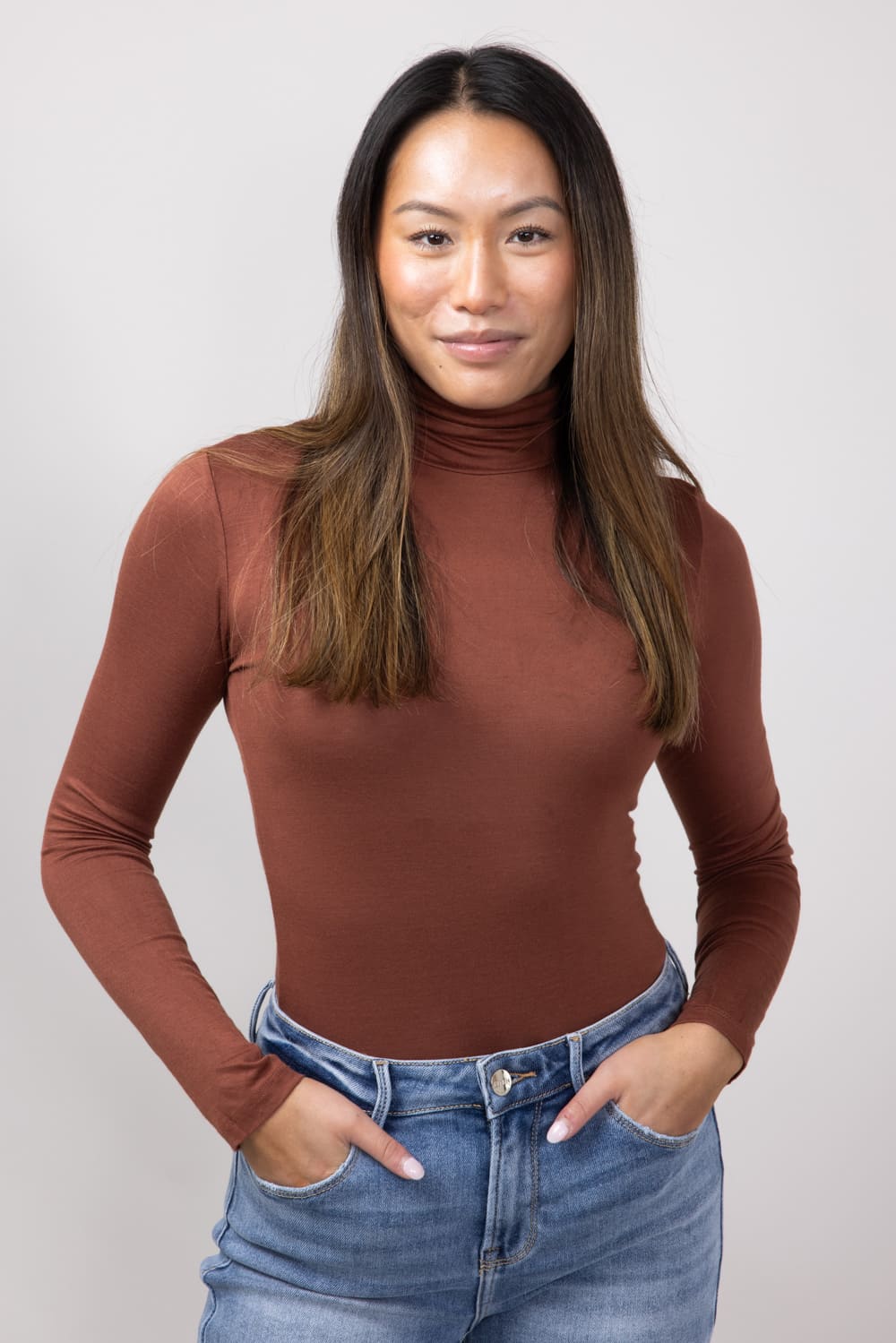 Long Sleeve Turtleneck Top for Women in Chocolate