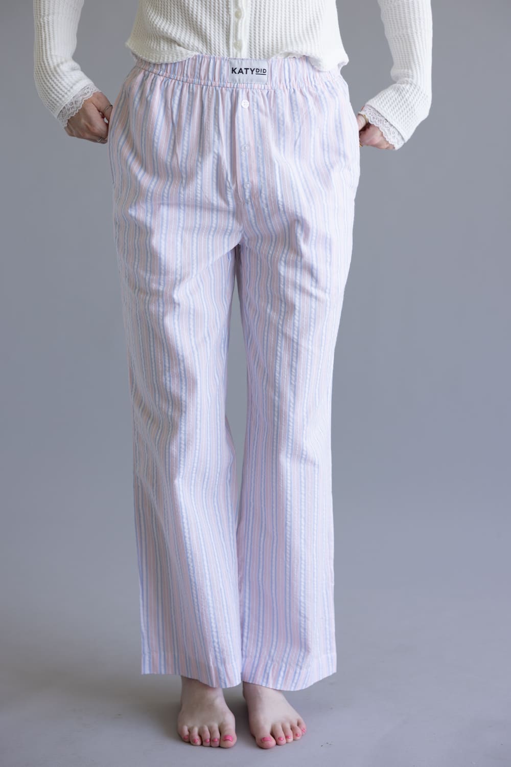 Long Stripe Boxer Pants for Women in Light Pink/Blue