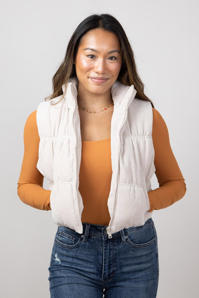 Love Tree Cropped Corduroy Puffer Vest for Women in Cream