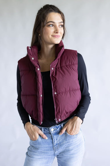 Love Tree Cropped Puffer Vest for Women in Burgundy